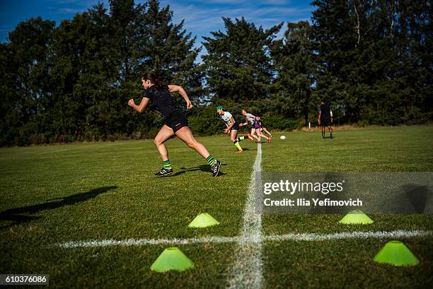 International women rugby players seen taking part in a weekend training session on September 25, 2016 in Helsingor, Denmark. Tabusoro Angels is an...