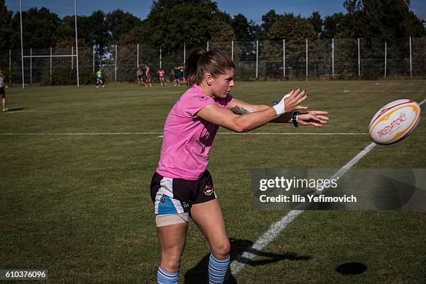 International women rugby players seen taking part in a weekend training session on September 24, 2016 in Helsingor, Denmark. Tabusoro Angels is an...