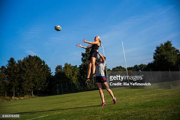International women rugby players seen taking part in a weekend training session on September 25, 2016 in Helsingor, Denmark. Tabusoro Angels is an...