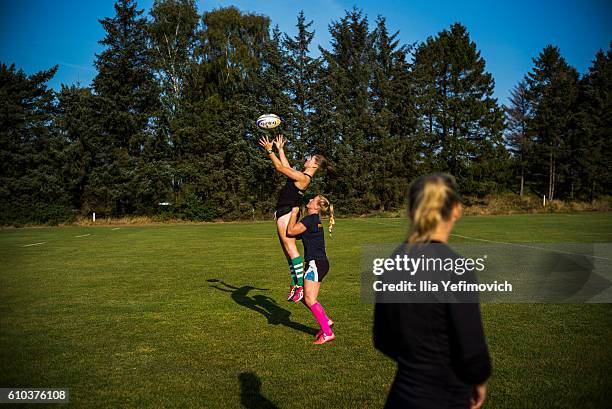 International women rugby players seen taking part in a weekend training session on September 25, 2016 in Helsingor, Denmark. Tabusoro Angels is an...