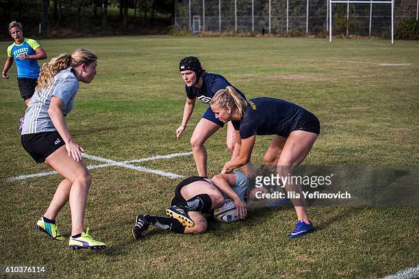 International women rugby players seen taking part in a weekend training session on September 24, 2016 in Helsingor, Denmark. Tabusoro Angels is an...