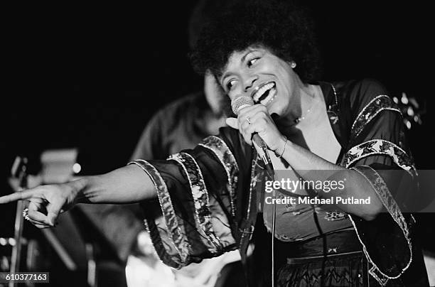 American jazz singer Dee Dee Bridgewater performing on stage, USA, April 1978.