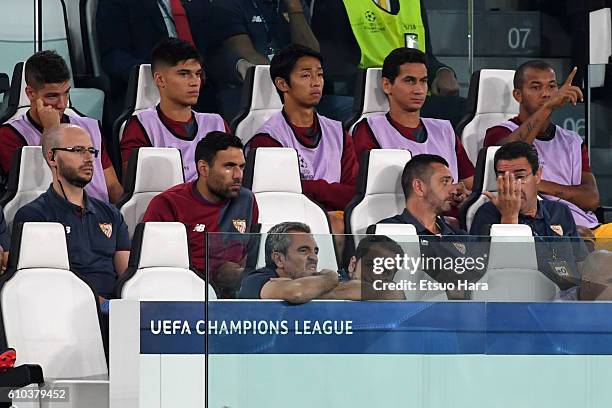 Hiroshi Kiyotake of Sevilla is seen on the bench during the UEFA Champions League match between Juventus FC and Sevilla FC at Juventus Stadium on...