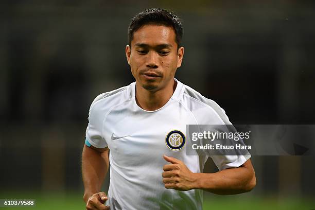 Yuto Nagatomo of Inter warms up prior to the UEFA Europa League match between FC Internazionale Milano and Hapoel Beer-Sheva FC at Stadio Giuseppe...