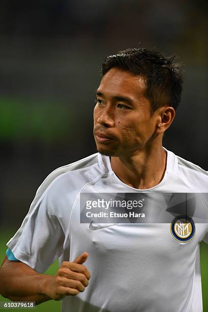 Yuto Nagatomo of Inter warms up prior to the UEFA Europa League match between FC Internazionale Milano and Hapoel Beer-Sheva FC at Stadio Giuseppe...
