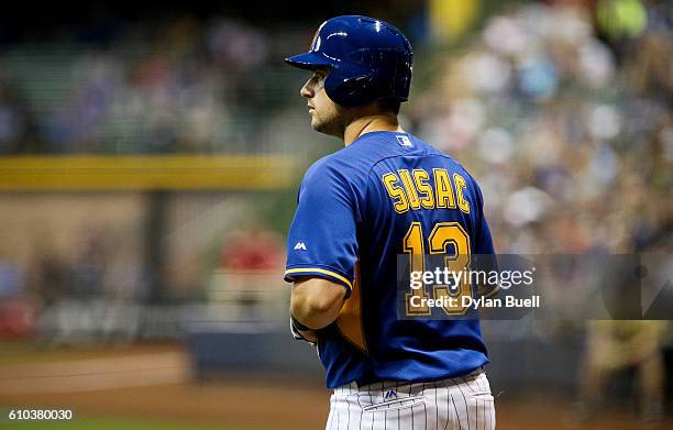 Andrew Susac of the Milwaukee Brewers waits in the on-deck circle in the fourth inning against the Cincinnati Reds at Miller Park on September 23,...