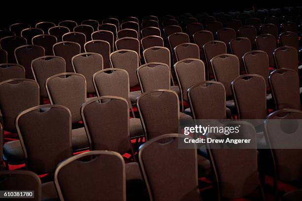 Chairs for audience members are arranged during a rehearsal for the first U.S. Presidential debate at Hofstra University on September 25, 2016 in...