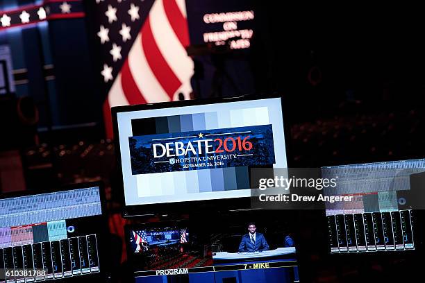 Monitors at the sound board display the debate logo during a rehearsal for the first U.S. Presidential debate at Hofstra University on September 25,...