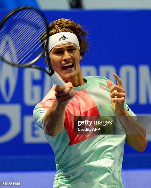 Germanys Alexander Zverev hits a return to Switzerlands Stanislas Wawrinka during the St. Petersburg ATP Open final tennis match in Saint Petersburg,...