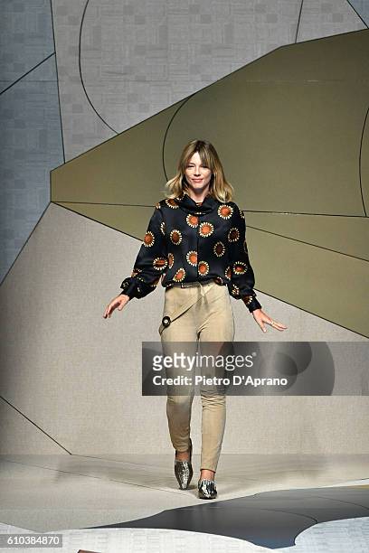 Gaia Trussardi acknowledges the applause of the audience at the Trussardi show during Milan Fashion Week Spring/Summer 2017 on September 25, 2016 in...