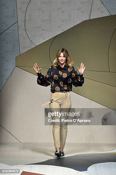 Gaia Trussardi acknowledges the applause of the audience at the Trussardi show during Milan Fashion Week Spring/Summer 2017 on September 25, 2016 in...