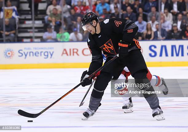 Colton Parayko of Team North America stickhandles the puck against Team Russia during the World Cup of Hockey 2016 at Air Canada Centre on September...