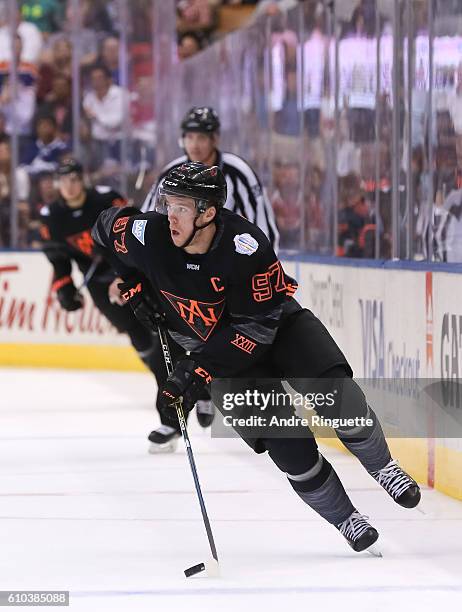 Connor McDavid of Team North America stickhandles the puck against Team Russia during the World Cup of Hockey 2016 at Air Canada Centre on September...