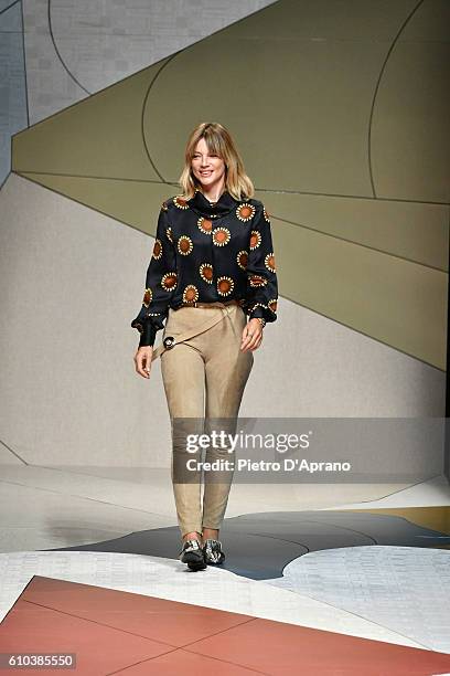 Gaia Trussardi acknowledges the applause of the audience at the Trussardi show during Milan Fashion Week Spring/Summer 2017 on September 25, 2016 in...