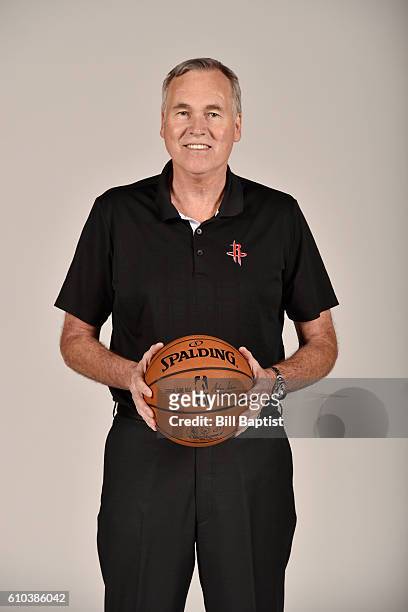 Head Coach Mike D'Antoni of the Houston Rockets poses for a portrait during the 2016 NBA Media Day at the Toyota Center on September 24, 2016 in...