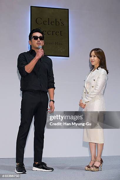 South Korean actor Ha Jung-Woo and Han Gyu-Ri of make-up artist attend the "Celeb's Secret" Launch Photocall on September 22, 2016 in Seoul, South...