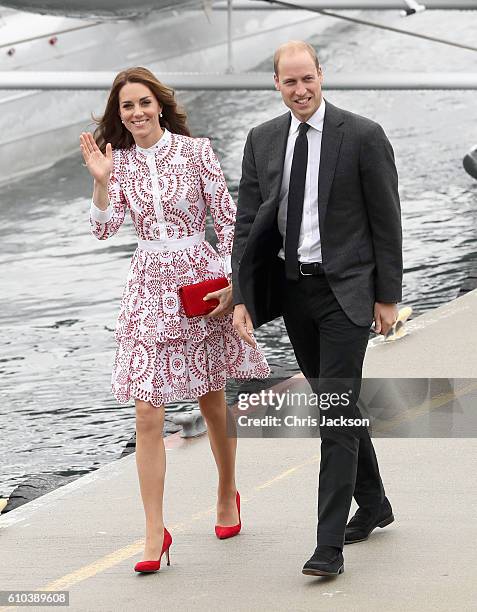 Prince William, Duke of Cambridge and Catherine, Duchess of Cambridge after they arrive by sea plane at the Vancouver Harbour Flight Centre during...