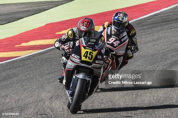 Tetsuta NAGASHIMA of Japan and Ajo Motorsport Academy leads the field during the Moto2 race during the MotoGP of Spain - Race at Motorland Aragon...