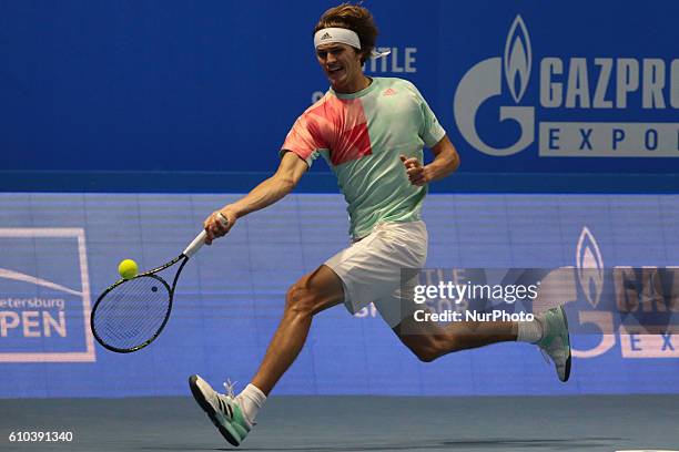 Alexander Zverev of Germany returns the ball to Stan Wawrinka of Switzerland during the St. Petersburg Open ATP tennis tournament final match in St....