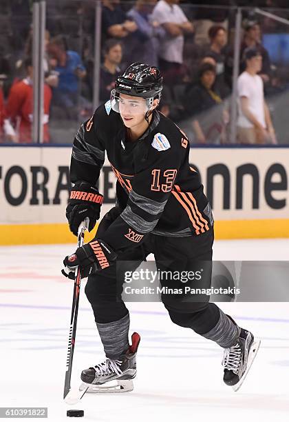 Johnny Gaudreau of Team North America warms up prior to a game against Team Russia during the World Cup of Hockey 2016 at Air Canada Centre on...