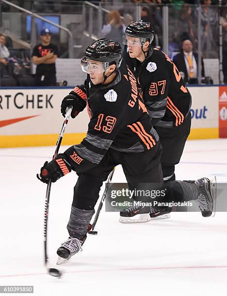 Johnny Gaudreau of Team North America warms up prior to a game against Team Russia during the World Cup of Hockey 2016 at Air Canada Centre on...