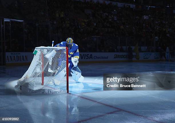 Henrik Lundqvist of Team Sweden prepares to tends net against Team Europe at the semifinal game during the World Cup of Hockey tournament at the Air...
