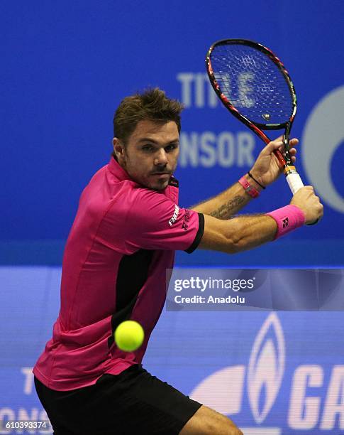 Stan Wawrinka of Switzerland in action against Alexander Zverev of Germany during the final game of Men's singles of Saint-Petersburg Open 2016...