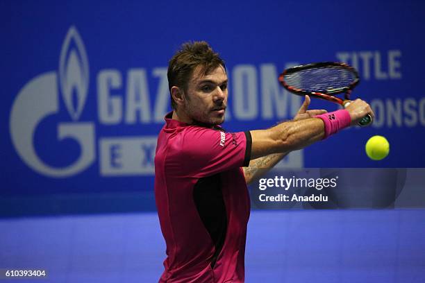 Stan Wawrinka of Switzerland in action against Alexander Zverev of Germany during the final game of Men's singles of Saint-Petersburg Open 2016...