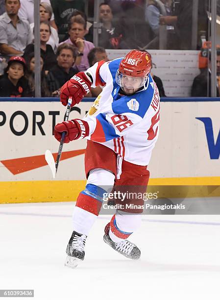 Nikita Kucherov of Team Russia fires a shot against Team North America during the World Cup of Hockey 2016 at Air Canada Centre on September 19, 2016...