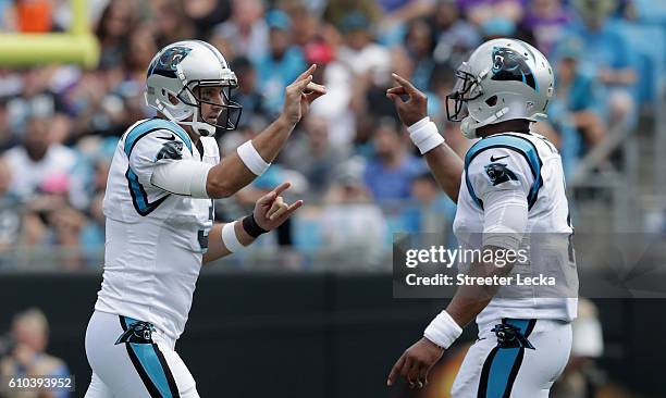 Graham Gano and teammate Cam Newton of the Carolina Panthers celebrate a field goal against the Minnesota Vikings in the 2nd quarter during their...