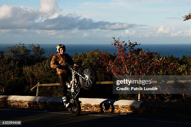 Dougie Lampkin of England during his attempt to wheelie the entire Snaefell Mountain Course on September 25, 2016 in Douglas, Isle of Man.