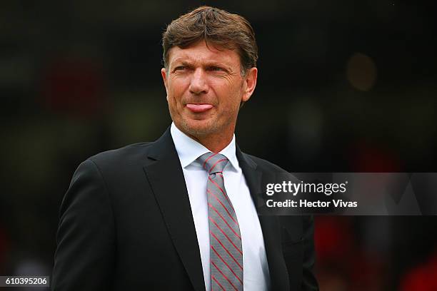 Hernan Cristante Coach of Toluca looks on during the 11th round match between Toluca and Leon as part of the Torneo Apertura 2016 Liga MX at...