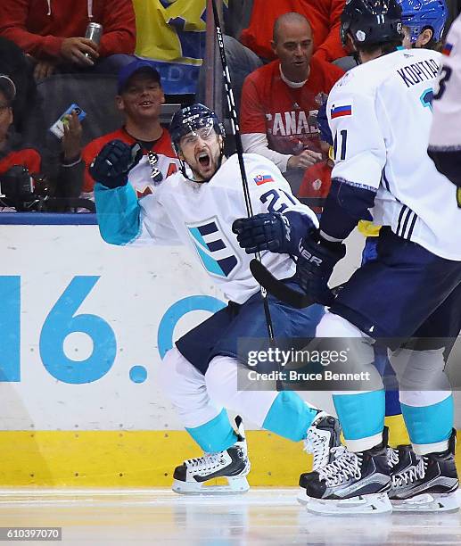 Tomas Tatar of Team Europe scores the go ahead goal to put Europe up 2-1 over Sweden during the third period at the semifinal game during the World...