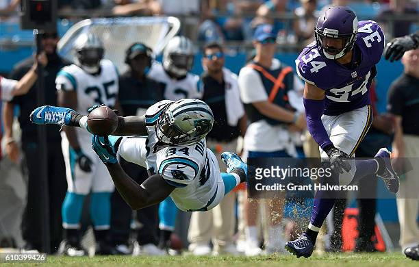 Ed Dickson of the Carolina Panthers dives for a catch against Andrew Sendejo of the Minnesota Vikings in the 3rd quarter during the game at Bank of...