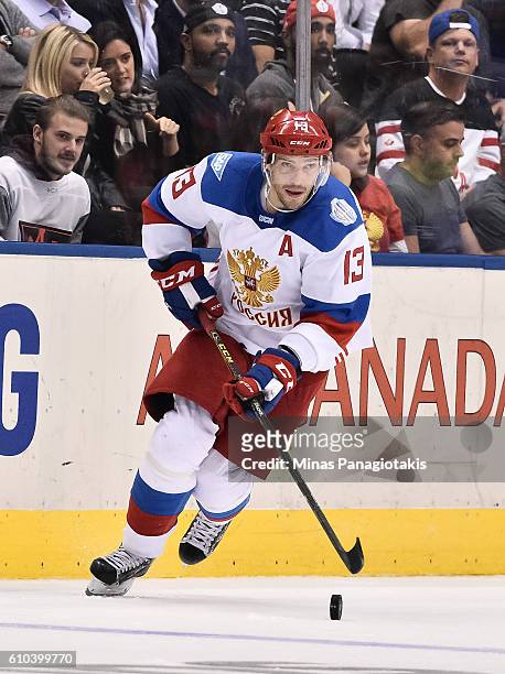 Pavel Datsyuk of Team Russia stickhandles the puck against Team North America during the World Cup of Hockey 2016 at Air Canada Centre on September...