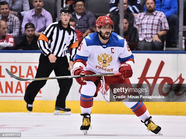 Alex Ovechkin of Team Russia skates against Team North America during the World Cup of Hockey 2016 at Air Canada Centre on September 19, 2016 in...