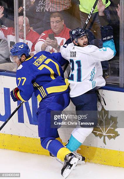 Tomas Tatar of Team Europe celebrates his game winning goal in overtime against Team Sweden at the semifinal game during the World Cup of Hockey...