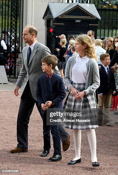 Prince Edward, Earl of Wessex and his children Lady Louise Windsor and James, Viscount Severn wait for Sophie, Countess of Wessex to arrive in the...