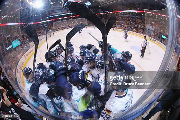 Team Europe celebrates a 3-2 overtime victory over Team Sweden at the semifinal game during the World Cup of Hockey tournament at the Air Canada...