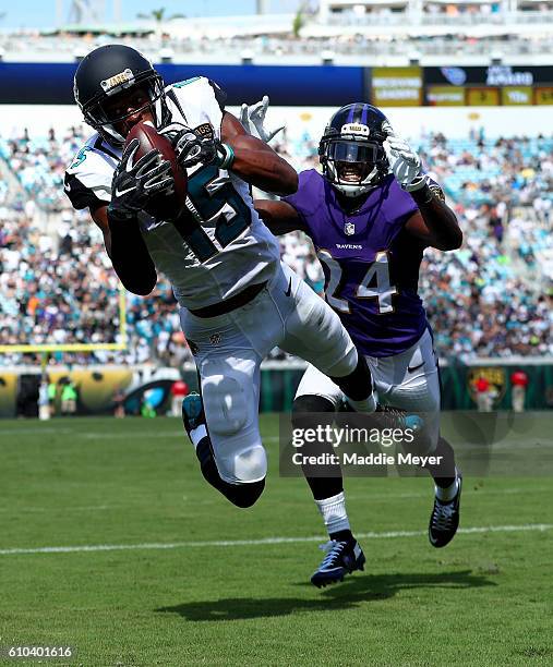 Allen Robinson of the Jacksonville Jaguars catches a touchdown pass as Kyle Arrington of the Baltimore Ravens trails the play at EverBank Field on...