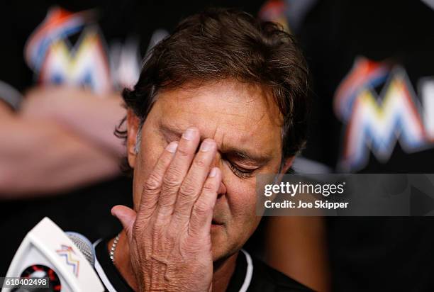 Miami Marlins manager Don Mattingly reacts during a press conference after pitcher Jose Fernanedez died in a boating accident. Play was cancelled...