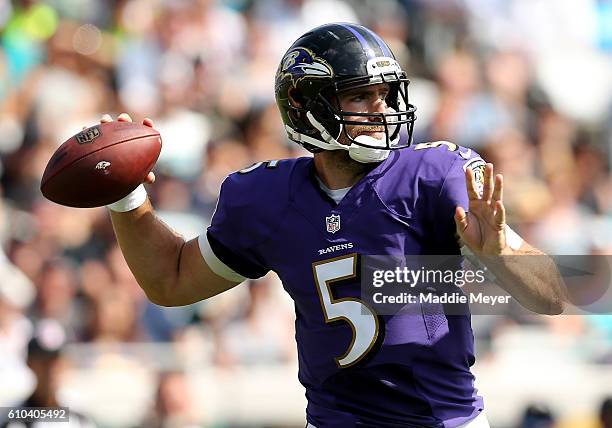 Joe Flacco of the Baltimore Ravens attempts a pass against the Jacksonville Jaguars at EverBank Field on September 25, 2016 in Jacksonville, Florida.