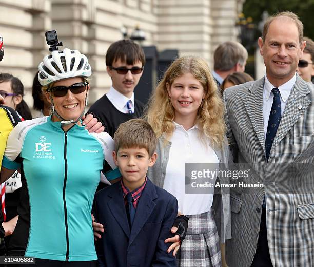 Sophie, Countess of Wessex poses with her family James, Viscount Severn, Lady Louise Windsor and Edward, Earl of Wessex in the forecourt of...