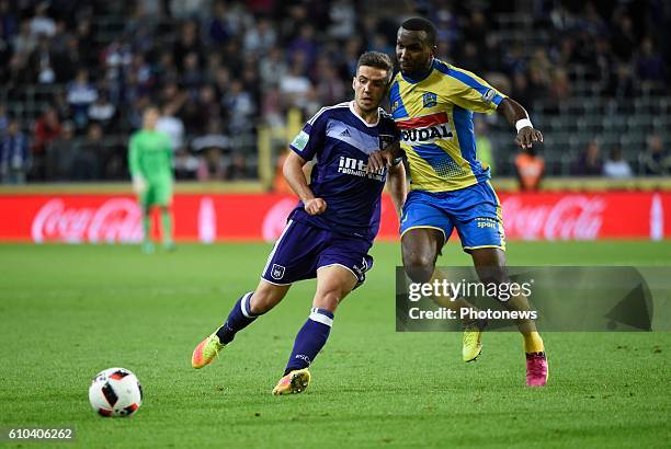 Alexandru Chipciu midfielder of RSC Anderlecht and Khaleem Hyland midfielder of KVC Westerlo pictured during Jupiler Pro League match between RSC...