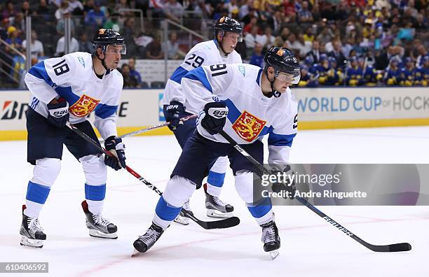 Sami Lepisto, Patrik Laine and Aleksander Barkov of Team Finland prepares for a face-off against Team Sweden during the World Cup of Hockey 2016 at...