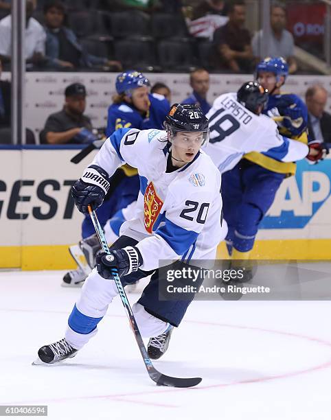 Sebastian Aho of Team Finland stickhandles the puck against Team Sweden during the World Cup of Hockey 2016 at Air Canada Centre on September 20,...