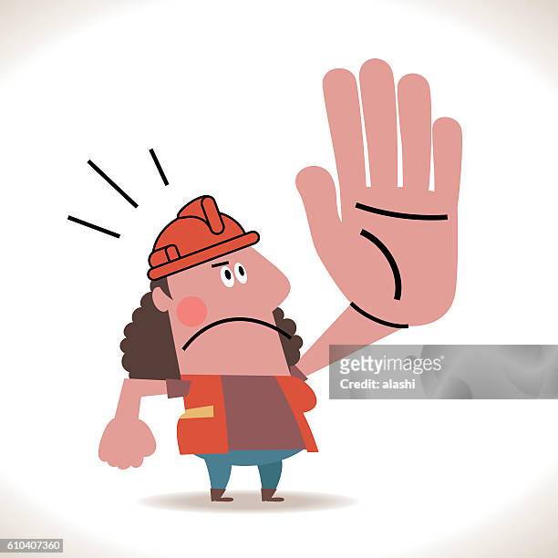 female construction worker showing stop hand sign - electrician stock illustrations