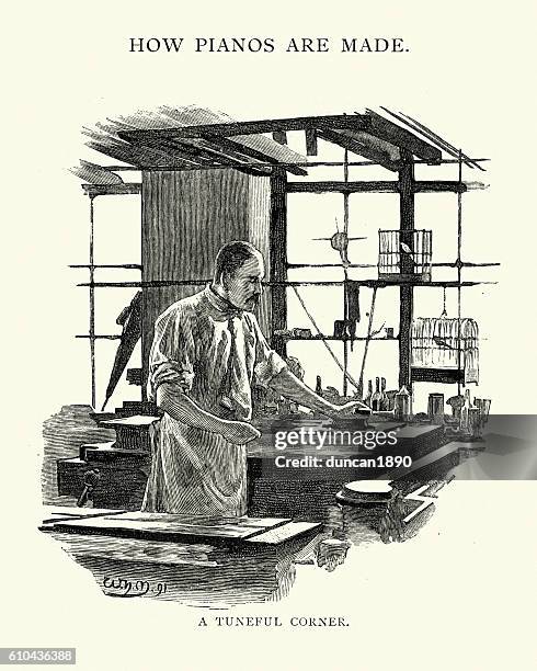 victorian man making a piano, 1892 - carpentry workshop stock illustrations