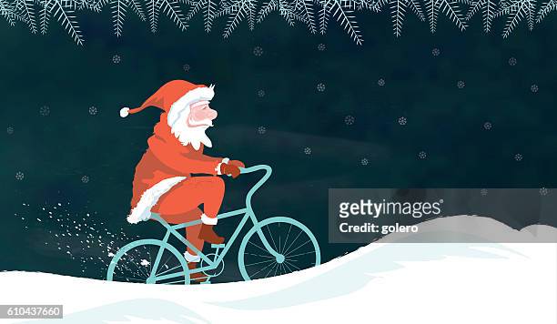 santa claus illustration on bike in winter landscape on chalkboard - santa riding stock illustrations