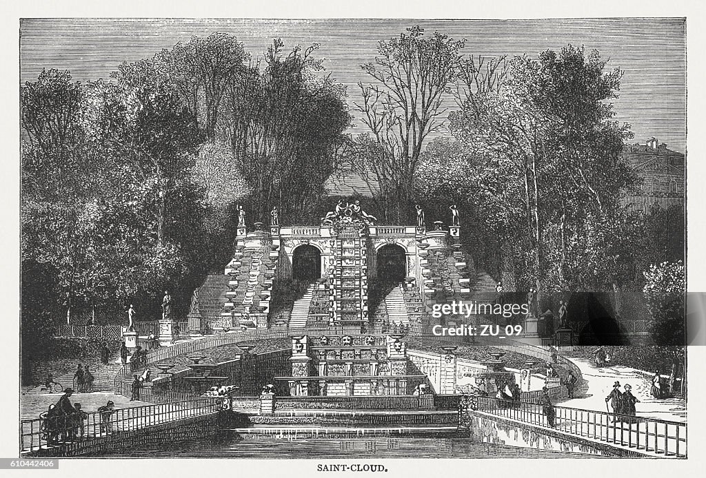 Fountain at Saint-Cloud, Paris, France, wood engraving, published in 1877